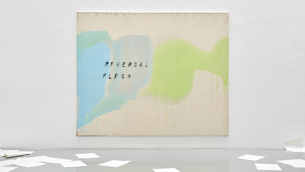 Fabian Herkenhoener, Reversal Flesh, 2020, dust, acrylic binder, acrylics, pencil, spray paint on canvas, 195x230cm, Photo Mareike Tocha, courtesy Priska Pasquer, Cologne. 