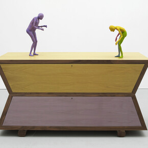 Francis Upritchard. Echo Cabinet, 2011, Veneer and Italian oak, brass fittings, modelling material, wire, paint, 99.5 x 190 x 65 cm.