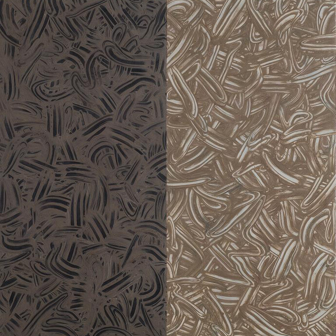 Richard Long, Africa Dub, 2014, A two panel carborundum relief printed in Burnt Umber/Raw Umber/Lemon Yellow/Orient Blue ink mix on Moulin Du Gue 350 gsm paper, left panel painted in Carbon Black/Cobalt blue mix acrylic wash, right panel in a Graphite Grey/Paynes Grey/Zinc White mix acrylic wash. Overall 239.5 x 233 cm, Edition of 5, Courtesy Richard Long and Alan Cristea Gallery, London
