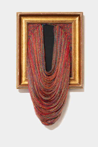 Golnaz Payani,
The Portrait 01, 2023,
wool and silk fabric, painted wooden frame,
23 5/8 x 13 3/8 in,
60 x 34 cm. Courtesy of the artist and Praz-Delavallade