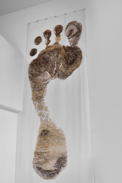 Pied de Caroline aux cheveux de Charollais, 2013, 430 x 150 cm, dessin aux cheveux sur soie, 2008-2013