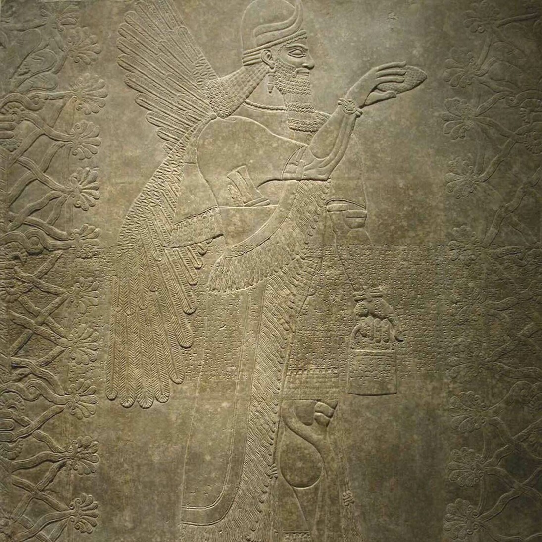 Anonymous (Assyrian), Winged Genie Pollinating the Date Palm, 883–859 B.C.E, Reign of Ashurnasirpal, Alabaster, 94 x 90 inches. Collection of Middlebury College Museum of Art. Gift of Dr. Wilson A. Farnsworth, Class of 1848. The restoration of this relief was made possible in part by funds raised in 1989 by the Friends of Art at Middlebury College in celebration of their twentieth anniversary. Additional funds were provided by the Getty Grant Program and American Greetings. 0.114