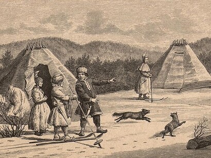 Illustrazione tratta dal libro “En Sommer i Finmarken, russisk Lapland og Nordkarelen” di Friis, J.A. e pubblicato da Cammermeyer (Christiania, 1871). Un villaggio di etnia Sami