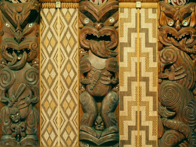 Vue intérieure de Te Whare Rūnanga, Waitangi Treaty Grounds, Nouvelle-Zélande