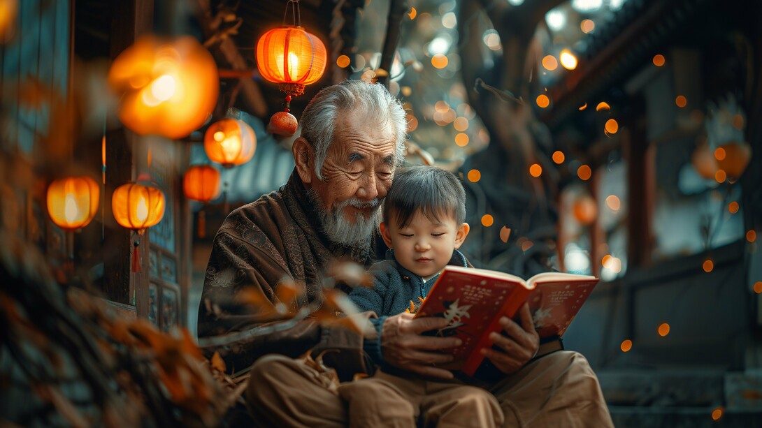 A grandfather reading a story to his grandkid, signifying how important it is to pass down traditions and stories through generations