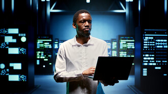 An IT professional carefully updates server systems to ensure the infrastructure supporting e-commerce remains agile and responsive to the ever-changing digital marketplace
