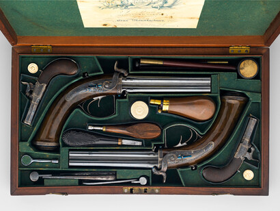 Pair of four-barreled turnover percussion pistols with pair of box-lock turn-off pocket pistols, case, and accessories. Made by James Purdey the Elder (British, London 1784–1863 Margate). British, London, ca. 1831. The Metropolitan Museum of Art, Purchase, Rogers Fund, 1935 (35.41.1–.15)
