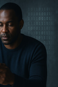 A man reflects on his digital presence, surrounded by invisible data—capturing the quiet tension between connectivity, identity, and dignity in the digital age