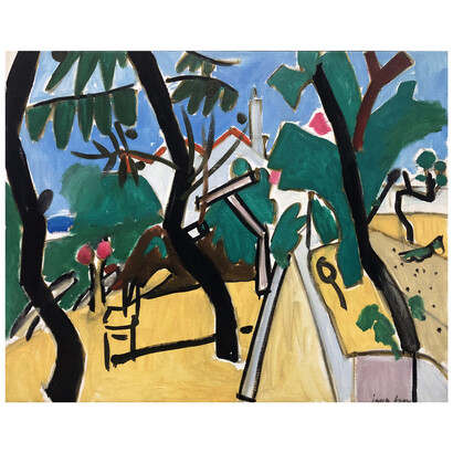 Jason Berger, Trees in Carvoeiro, Portugal, 1985, oil on canvas, 31×39 inches, signed lower right: “Jason Berger”, titled, dated, and signed verso: “The Garden / Carvoeiro / 1985 / J. Berger”, with Judi Rotenberg Gallery label verso, from the estate of the artist. Courtesy of Childs Gallery