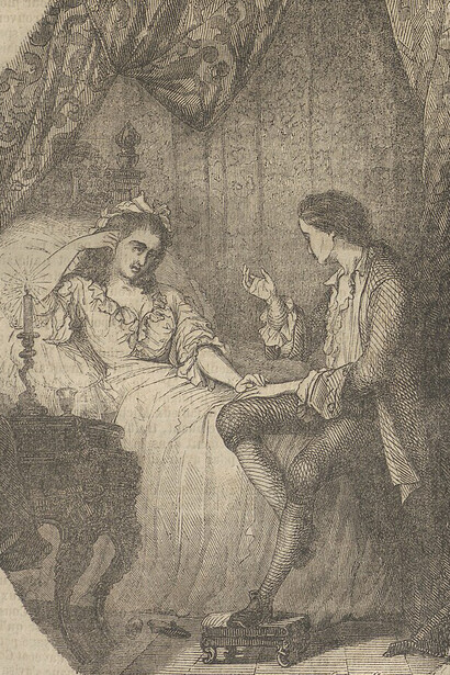 Jean-Jacques Rousseau, Las Confesiones en Obras completas, tomo 1, 1851, editorial Gennequin. Ilustración en la página 129