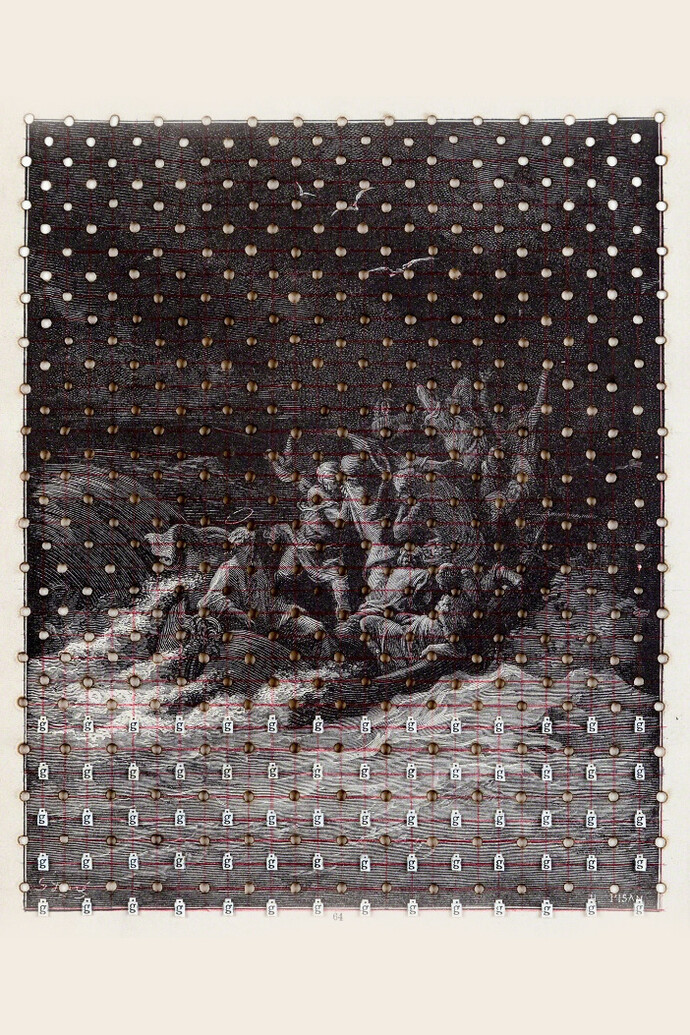 Meg Hitchcock, Bling No. 3: Night Sea, 2017, Letters cut from the Bible, paper burned with Tibetan incense, print by Gustave Doré, 8.8 x 7.25 inches (22.5 x 18.4 cm), Courtesy of Margaret Thatcher Projects