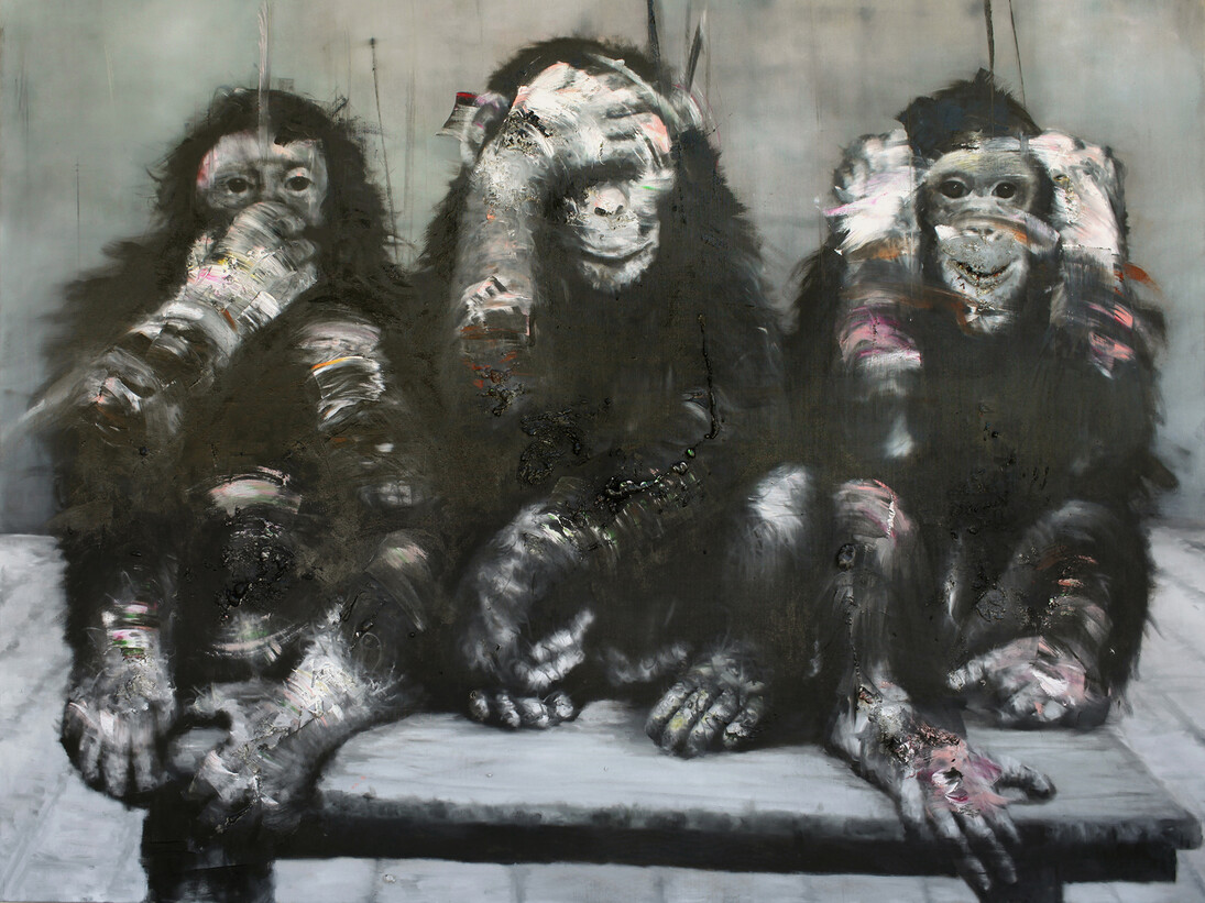 Li Tianbing, Three Monkeys, 2014, Oil on canvas, 157.48 x 198.12 x 6.5cm; 62 x 78 in.