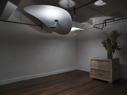 Keiji Ashizawa, Ellipse Light, 2013, Aluminum, stainless steel, glass, cording, 180 × 80 x 123.536 / Pendant: 180 × 80 cm; Light arm: 123.536 cm
