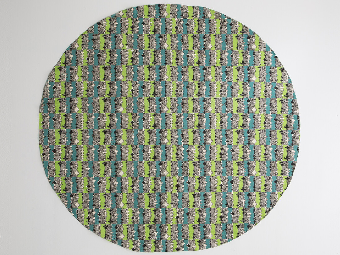 Roberto Burle Marx textile in green, blue, black and white. 88" L x 86" W / 223.5cm L x 218.4cm W. Photo: Joe Kramm/R & Company. 