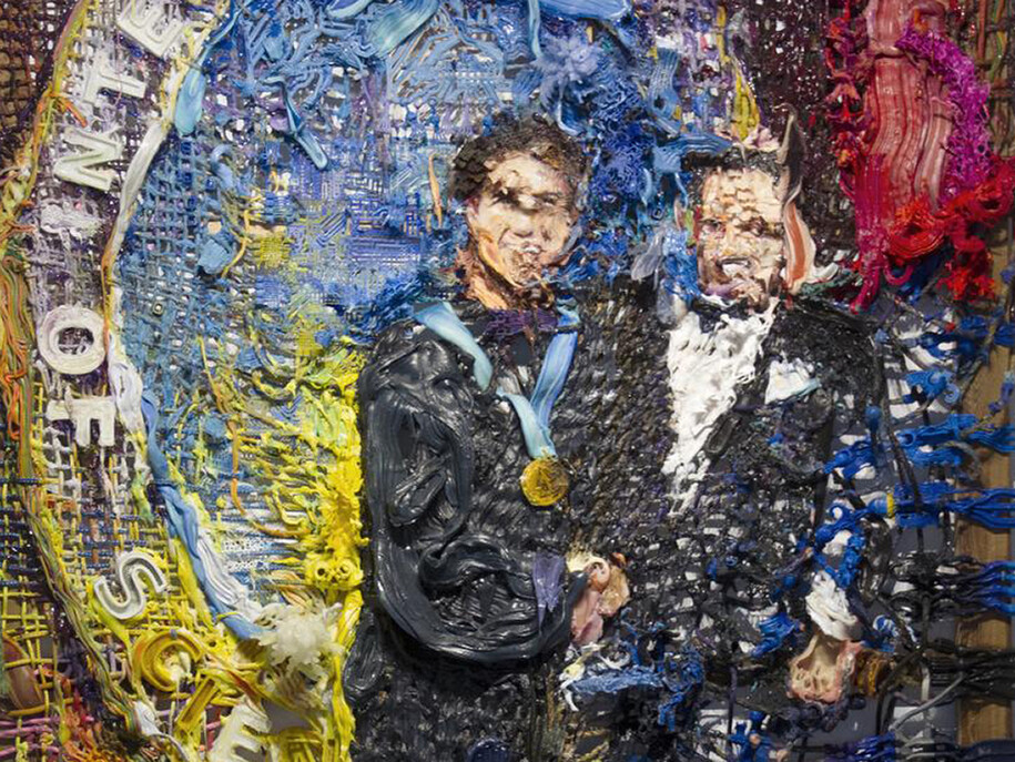 Fabian Marcaccio. Scientologists, 2016. Hand woven manila rope, climbing rope, alkyd paint, silicone, wood, 3D printed plastic, 94 x 82 in (detail)