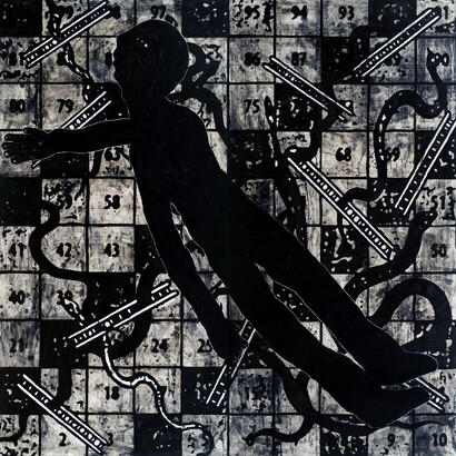 Sadik Kwaish Alfraji, Snakes and Ladders, 2014, Indian ink, charcoal on canvas, 243 x 243 cm