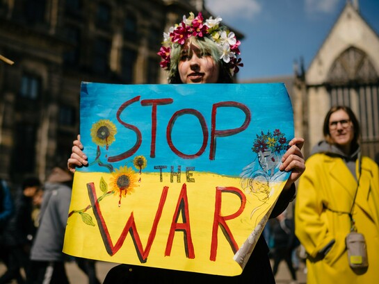 A fotografia de Michael Mücke mostra uma mulher com uma coroa de flores na cabeça, maquiagem que simula sangue no rosto e uma faixa com a mensagem “Stop the War” (“Parem a guerra”). A imagem combina a força visual do protesto com a expressão individual de quem transforma a indignação em manifestação pública. Embora a fotografia não tenha sido feita na Ucrânia, ela dialoga com a dimensão internacional do conflito e com a necessidade de colocar a proteção da vida acima dos interesses militares e geopolíticos