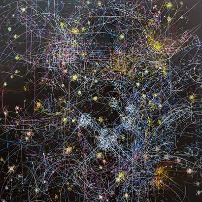 Kysa Johnson, blow up 255 - The long goodbye - (hello, hello - (almost) - subatomic decay patterns with brown dwarves in Trapezium Region, 2015. High Gloss Paint and Ink on Board,
48 x 48 in, KJ_130
