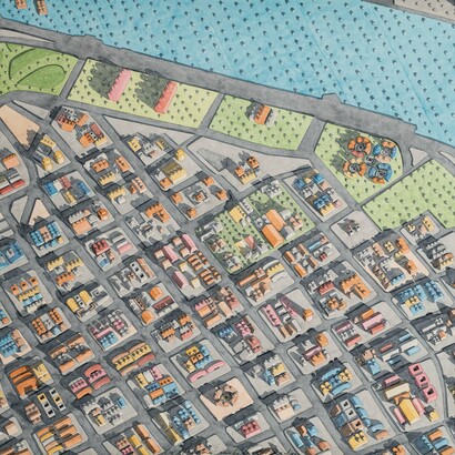 Dagoberto Rodríguez, Zaatari Refugee Camp (detail), 2024, Watercolour on paper, 66,5 x 103 cm (unframed),80 x 118 cm (framed). Courtesy of Piero Atchugarry Gallery and the Artist