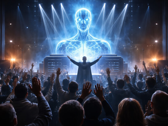A congregation bathed in artificial light gathers in reverence before a towering digital entity, capturing the unsettling fusion of technology, belief, and collective devotion in the age of AI