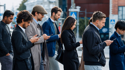 Smartly dressed professionals walk past a modern glass office building, absorbed in their smartphones and seemingly disconnected from the people around them