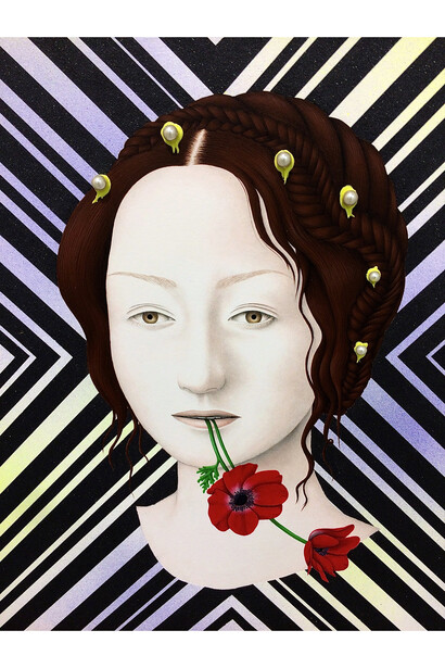 Aya Uekawa, ‘Good’ Girl Julia (Caesar’s Daughter), 2015, Acrylic on paper on mounted wood panel with pearls, 15 ¾ x 15 ¾"