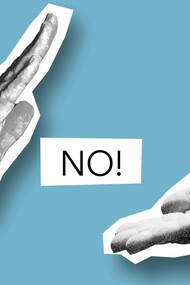 A firm hand blocking an extended palm with a bold “No!” in between, illustrating the strength to say no when it matters