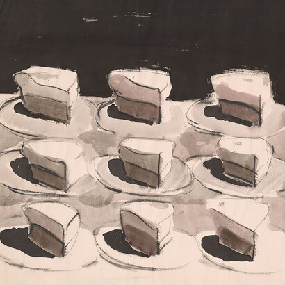 Shelf of Pies, 1960, brush and ink, watercolor, and charcoal. Private collection. Photography courtesy of The Morgan Library & Museum. Photography by Graham S. Haber 2017. © Wayne Thiebaud/Licensed by VAGA, New York, NY