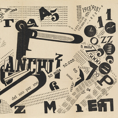 Filippo Tommaso Marinetti (1876-1944) [Parole futuristiche in libertà] Gruppo di 4 tavole tipografiche. 1919