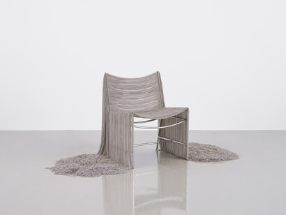 Frida Escobedo, Creek Chair, 2022. Stainless steel structure and nickel ball chain, 32 3/4 x 118 x 39 1/2 inches (83.2 x 299.7 x 100.3 cm)
Edition of 8 plus 4 artist's proofs. Photo credit: Timothy Doyon. Courtesy of the artist and Friedman Benda