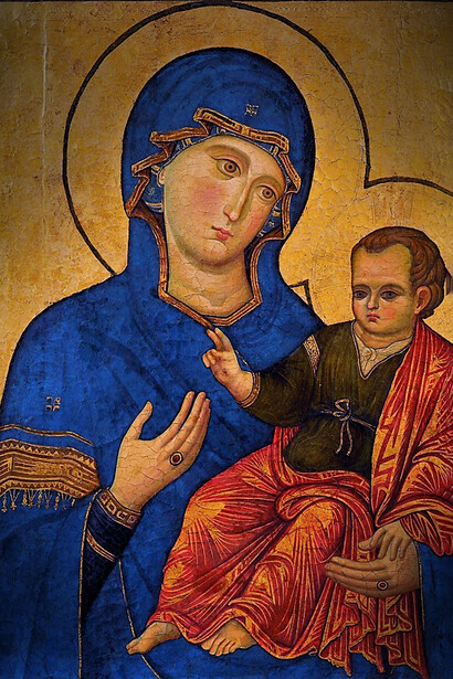 "Madonna con il Bambino", capolavoro di Filippo Rusuti, nella basilica di Santa Maria del Popolo, Roma, Italia. 117x79 cm, (1288-1297)