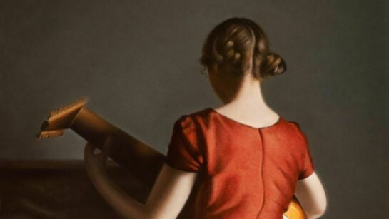 Pierre Yves Russo, Young Woman With A Lute, oil on wooden panel, 16 x 21cm