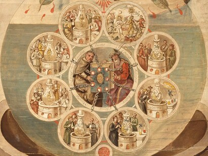 Alquimistas que revelan secretos del Libro de los Siete Sellos, El Rollo de Ripley (detalle), ca. 1700