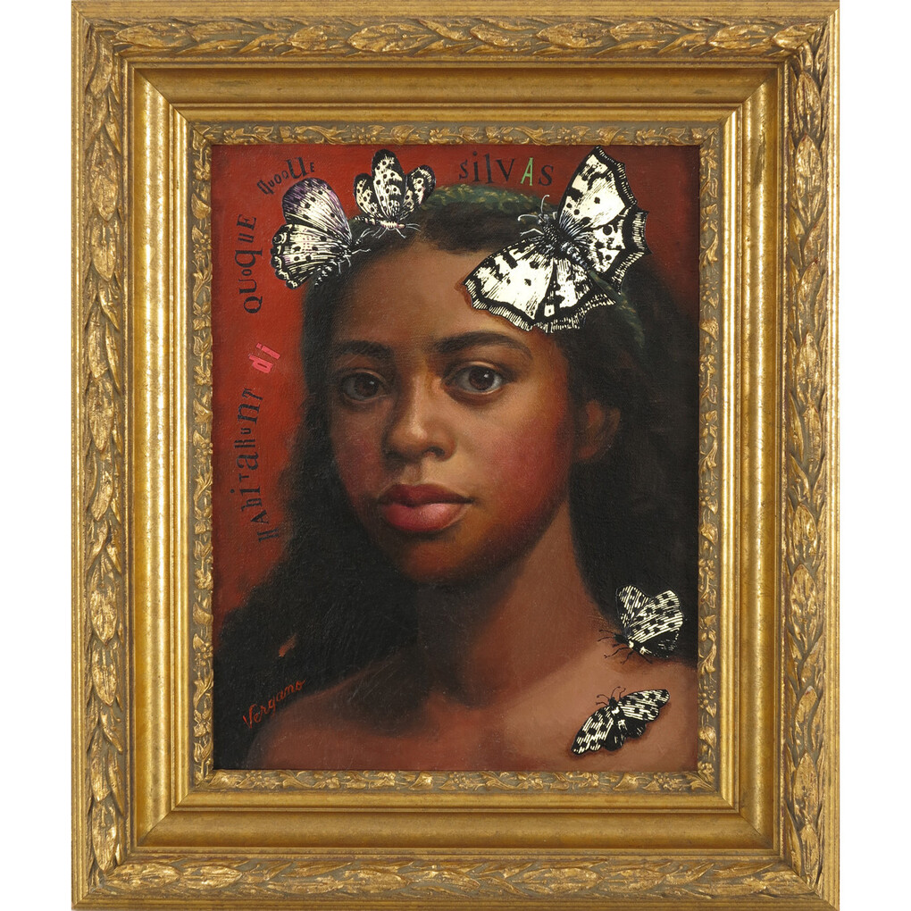 Laws of Attraction XVIII, 2014, Antique wood pediment with metal scarabs, Acrylic and oil on canvas, and antique black Ostrich feather fringe with metal scarab, 67 x 30.2 inches; 170.18 x 76.71 cm, Signed LR