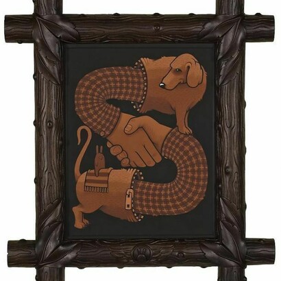 Jeremy Fish, Internal Cooperation, 2013, acrylic on wood panel, hand carved teak frame, 32 x 28 inches
