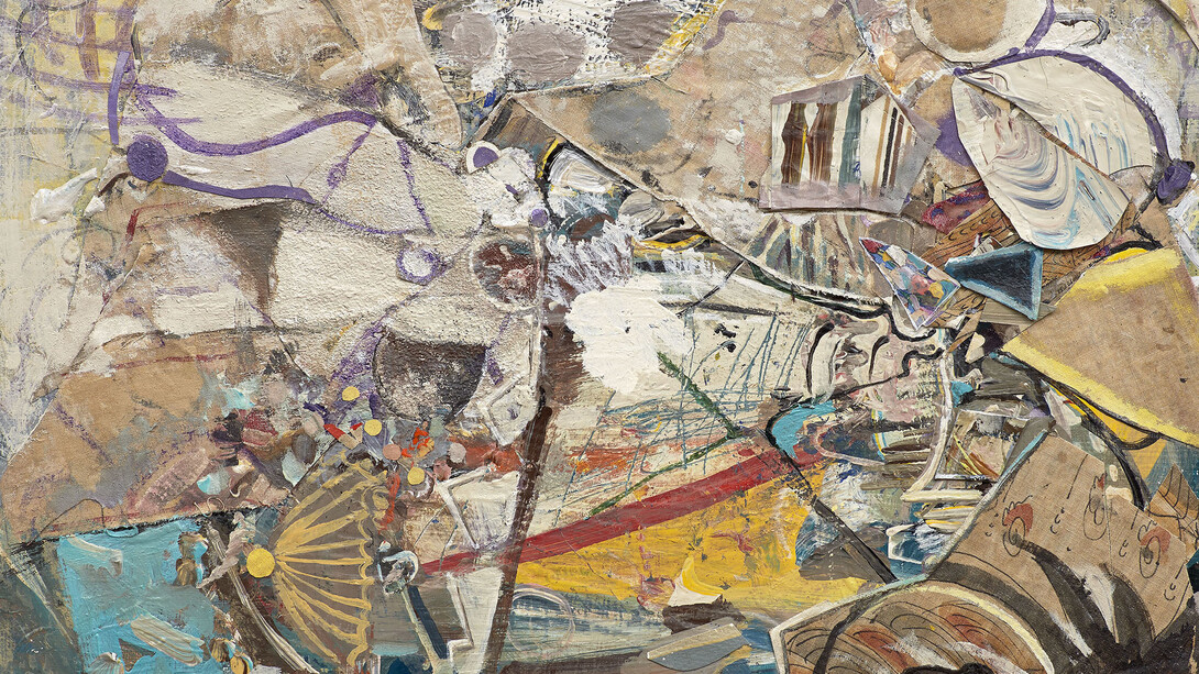 Katy Moran, Rock Face with a Face, 2013, Collage and acrylic on canvas, 38 x 46 cm / 15 x 18 1/8 in, Collection of Carole Server and Oliver Frankel