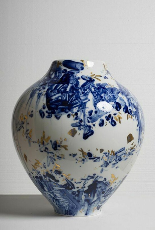 Vase No. 29, 2008, porcelain, hand painted by the artist with highlights in gold, unique, 14 x 11 x 11 inches, 35.6 x 27.9 x 27.9 centimeters