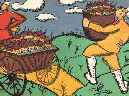 Kazimir Malevich, Our French Allies Have Filled a Cart with Captured Germans, And our British Brothers have a Barrell full, 1914, lithograph. Courtesy of GRAD