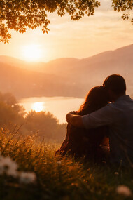 A quiet moment of connection at sunset, where love, stillness, and shared presence reflect the possibility of peace