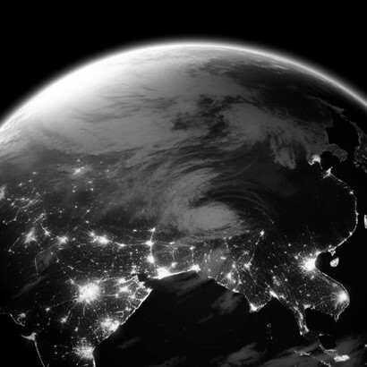 Seen from space, luminous cities linked across continents testify to a species awakening to its global unity and creative freedom