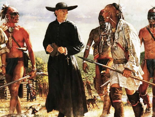 This painting illustrates the tense encounters between colonisers and Native Americans, a backdrop to the survival and journeys of figures like Mustafa Al-Azmouri, who navigated these relationships with diplomacy