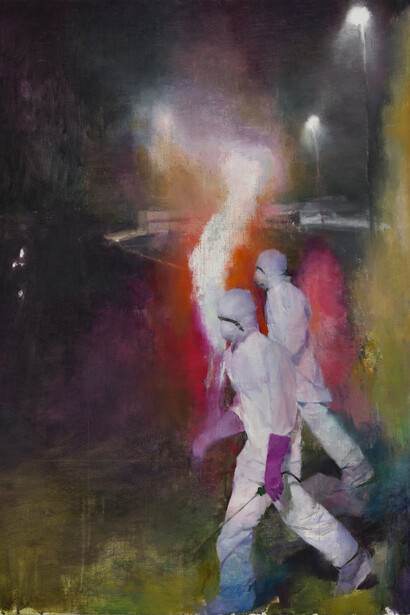 Justin Mortimer, Painters, 2014, Oil on canvas, 122 × 91.5 cm © Justin Mortimer, courtesy Parafin, 2015