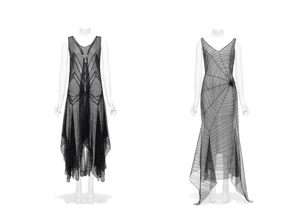 A sinistra, Evening dress, di provenienza americana, ca. 1928; a destra John Galliano,  Dress, Primavera-Estate 1997, riproposto nel 2008, in mostra al Metropolitan Museum of Art, New York