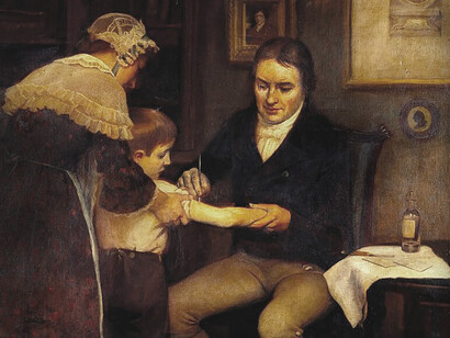 Docteur Edward Jenner. L’apothicaire et chirurgien de Berkeley Edward Jenner inocule au jeune James Phipps, 8 ans, le contenu d’un bouton prélevé sur la main de la fermière Sarah Nelmes, laquelle trayait régulièrement la vache Blossom
