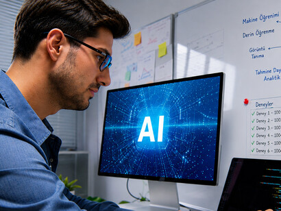 Software developer collaborating on AI applications, analyzing data and coding solutions during an evening remote-work session