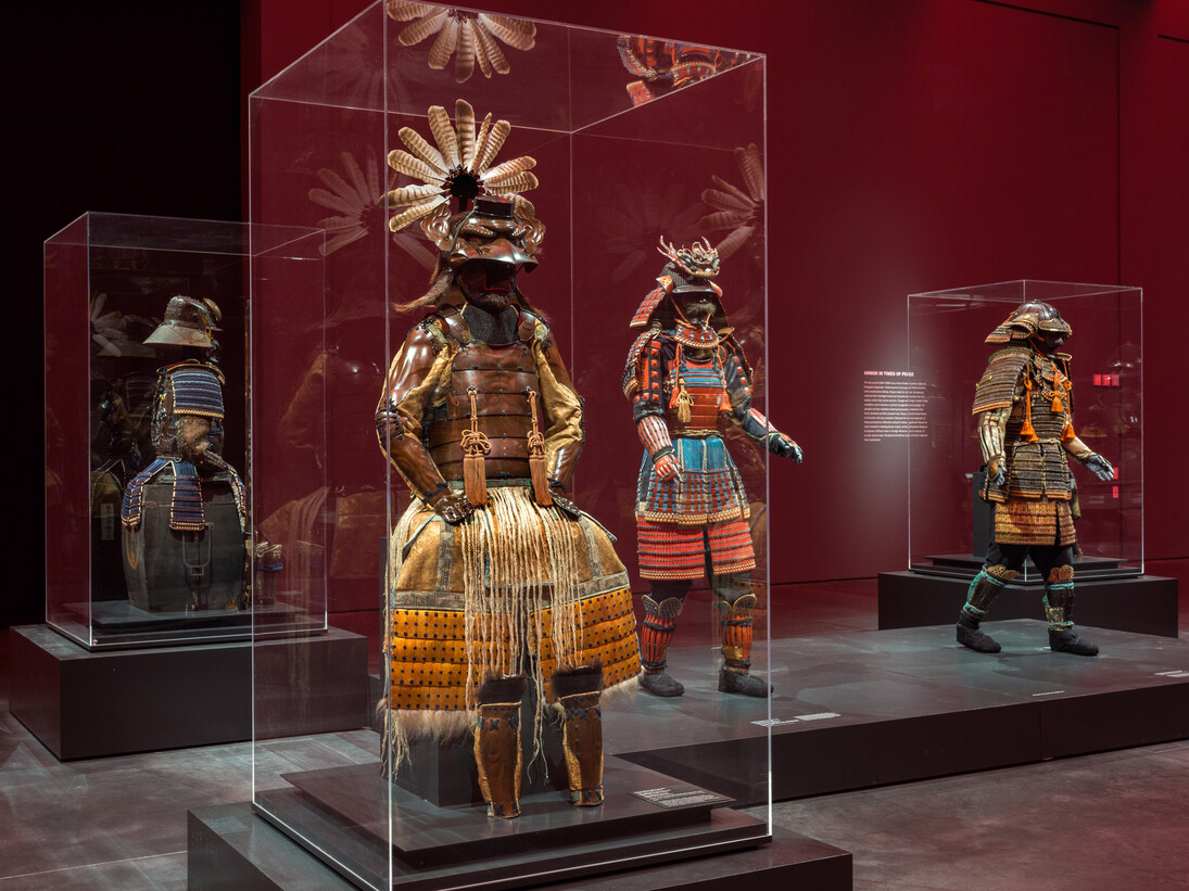 Installation View, Samurai: Japanese Armor from the Ann and Gabriel Barbier-Mueller Collection, October 19, 2014-February 1, 2015, Los Angeles County Museum of Art (LACMA), photo (c) 2014 Museum Associates/LACMA