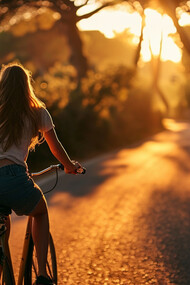 A cyclist enjoying a peaceful ride beneath the evening sun, representing how simple outdoor activities contribute to lasting fitness