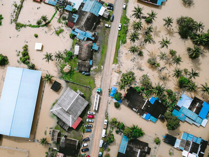 Kijal, Terengganu, Malaysia, experiencing severe flooding that has submerged buildings due to extreme weather conditions