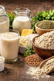 Whey and plant-based protein sources displayed together, highlighting differences in composition, texture, and nutritional origin in a natural, realistic setting