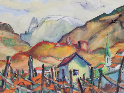 Schlern: simbolica montagna dell’Alto Adige con una caratteristica sagoma a scudo; parte del Parco Naturale Sciliar-Rosengarten, istituito per proteggerne il territorio. Il caratteristico panorama in un acquerello di Hubert Mumelter, "Landschaft mit Schlern", 